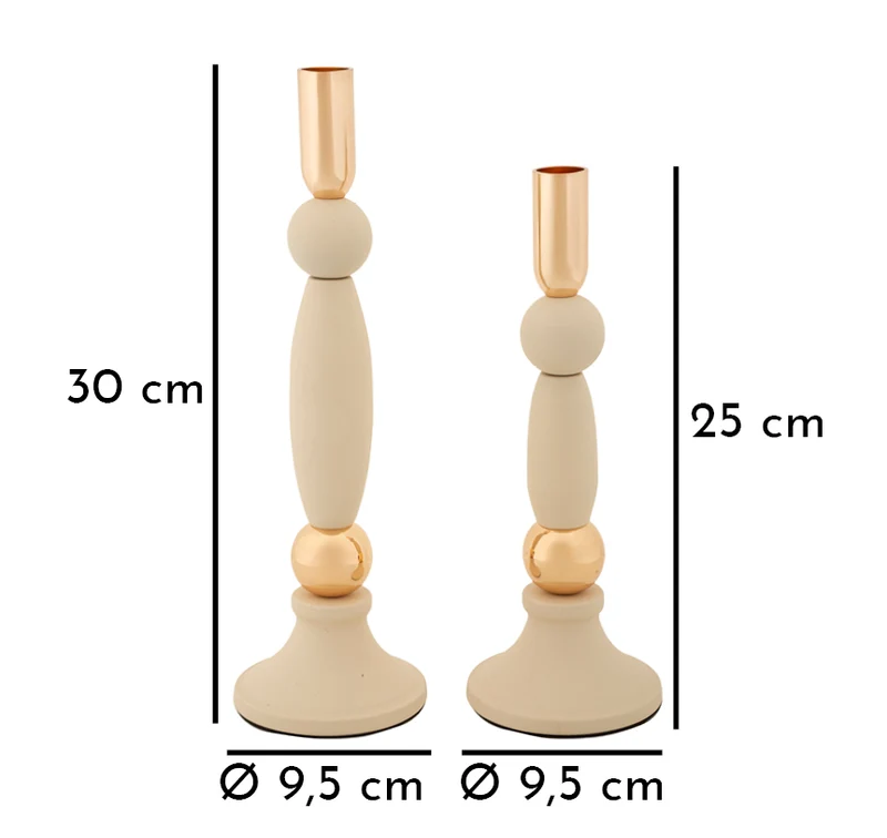 Porta Candele Strek Crema Set 2 Pz Ø9,5x30 cm - Ø9,5x25 cm in Ferro Crema e Oro
