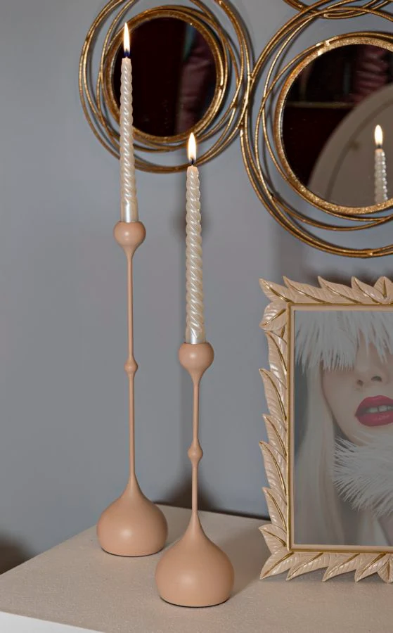 Porta Candele Slimmy Rosa Set 2 Pz Ø8x36 cm - Ø8x32 cm in Ferro Rosa e Oro