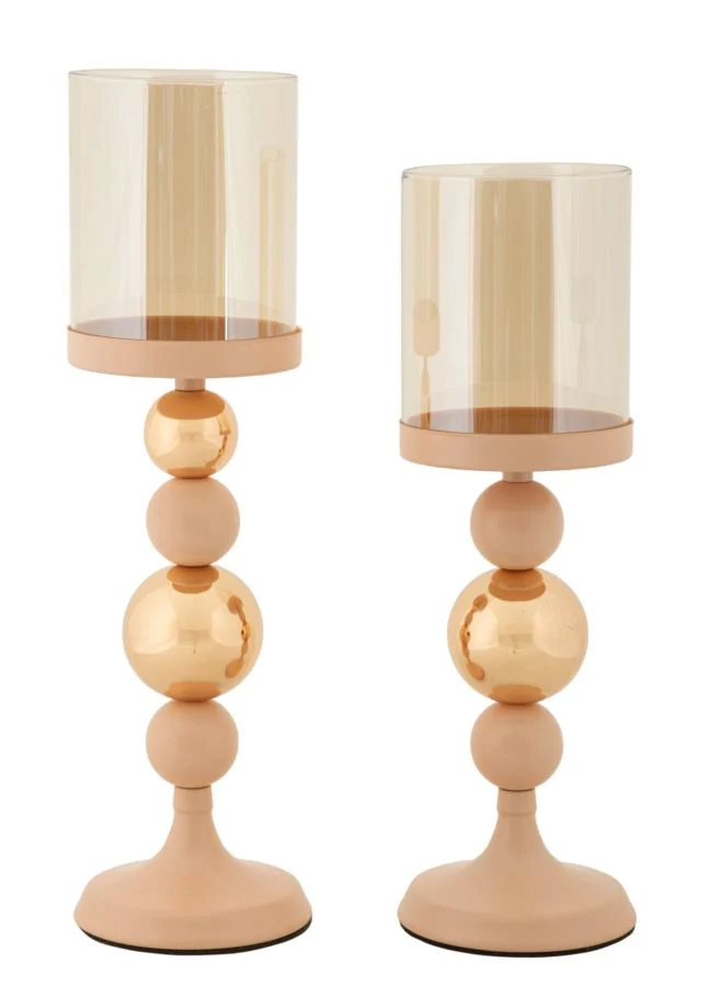 Porta Candele Glassy Rosa Set 2 Pz Ø10x36 cm - Ø10x32 cm in Ferro Rosa e Oro