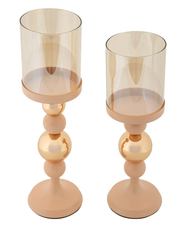 Porta Candele Glassy Rosa Set 2 Pz Ø10x36 cm - Ø10x32 cm in Ferro Rosa e Oro
