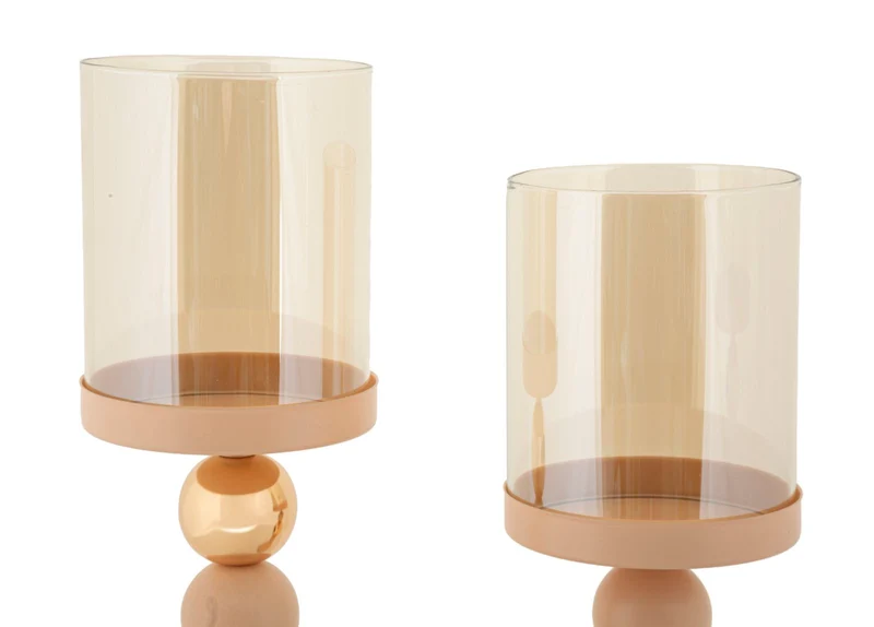 Porta Candele Glassy Rosa Set 2 Pz Ø10x36 cm - Ø10x32 cm in Ferro Rosa e Oro