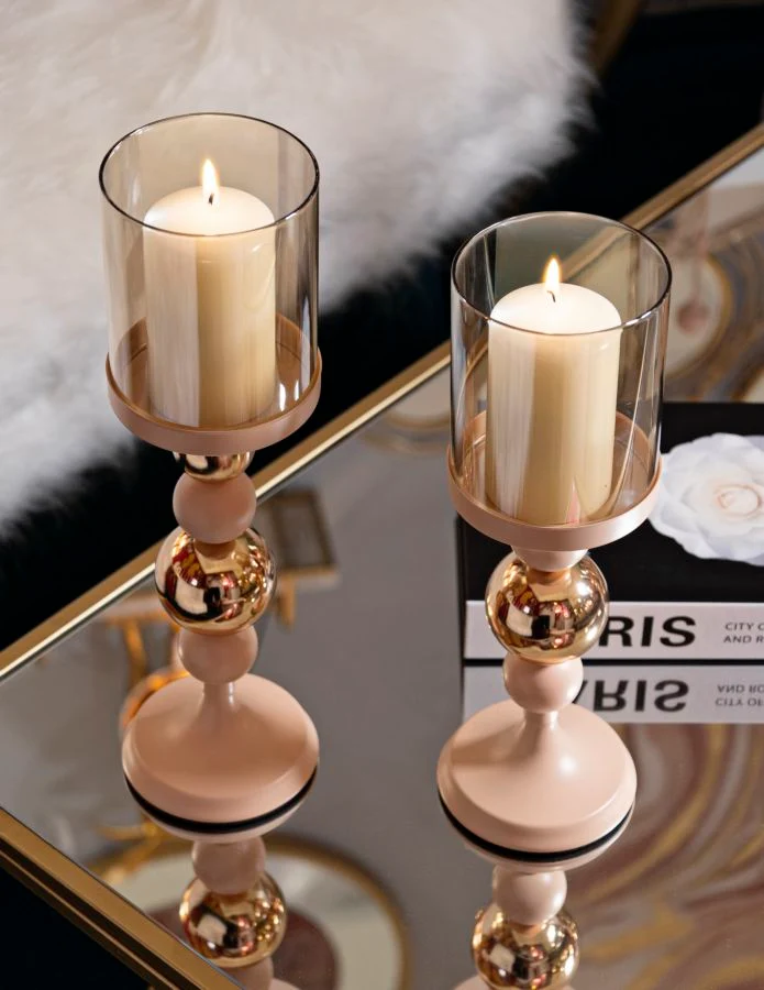Porta Candele Glassy Rosa Set 2 Pz Ø10x36 cm - Ø10x32 cm in Ferro Rosa e Oro