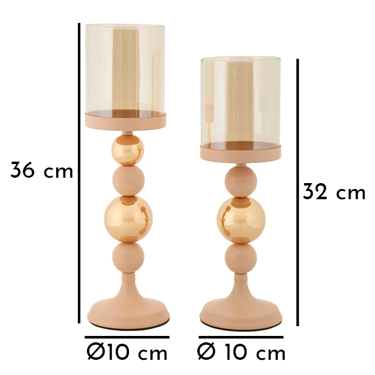 Porta Candele Glassy Rosa Set 2 Pz Ø10x36 cm - Ø10x32 cm in Ferro Rosa e Oro