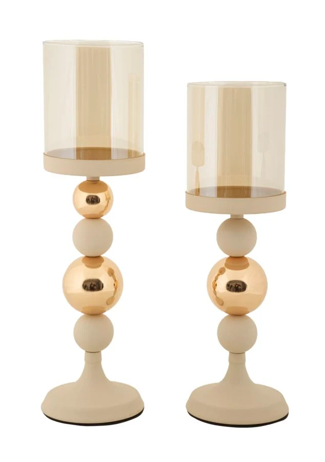 Porta Candele Glassy Crema Set 2 Pz Ø10x36 cm - Ø10x32 cm in Ferro Crema e Oro
