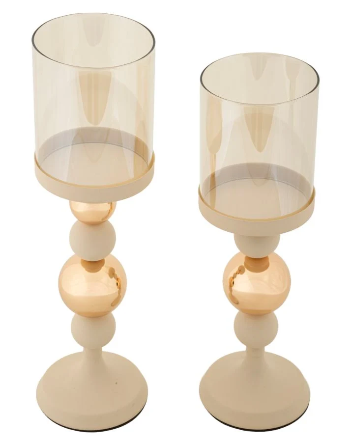 Porta Candele Glassy Crema Set 2 Pz Ø10x36 cm - Ø10x32 cm in Ferro Crema e Oro