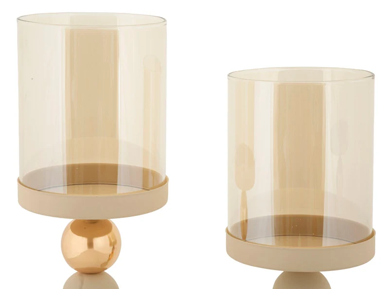 Porta Candele Glassy Crema Set 2 Pz Ø10x36 cm - Ø10x32 cm in Ferro Crema e Oro