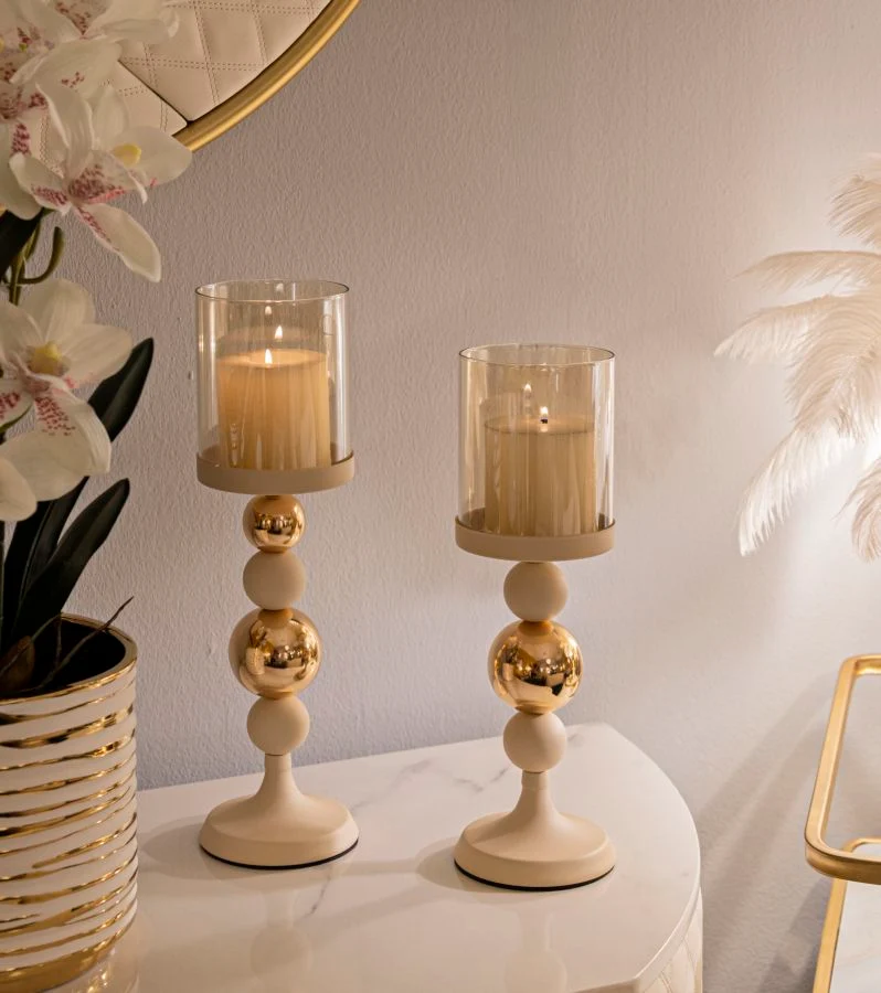Porta Candele Glassy Crema Set 2 Pz Ø10x36 cm - Ø10x32 cm in Ferro Crema e Oro