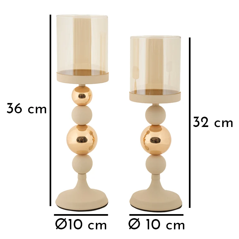 Porta Candele Glassy Crema Set 2 Pz Ø10x36 cm - Ø10x32 cm in Ferro Crema e Oro