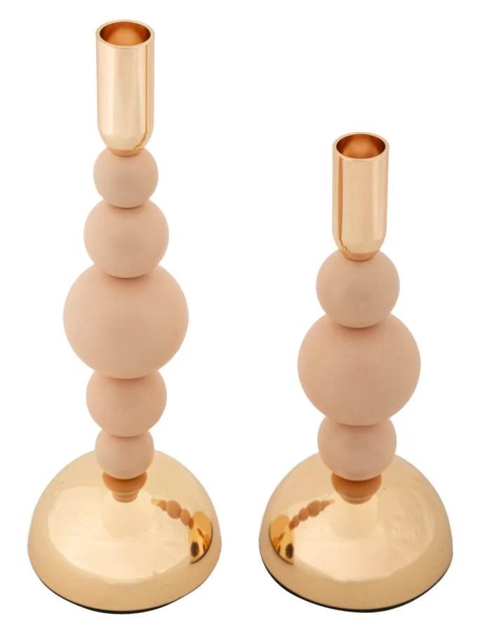 Porta Candele Bolly Rosa Set 2 Pz Ø10x29,5 cm - Ø10x24 cm in Ferro Rosa e Oro