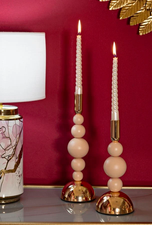 Porta Candele Bolly Rosa Set 2 Pz Ø10x29,5 cm - Ø10x24 cm in Ferro Rosa e Oro