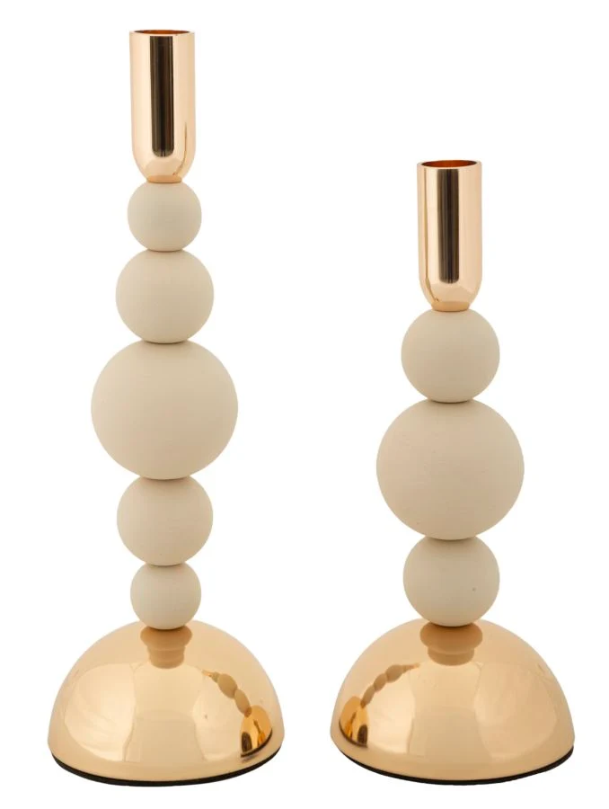 Porta Candele Bolly Crema Set 2 Pz Ø10x29,5 cm - Ø10x24 cm in Ferro Crema e Oro