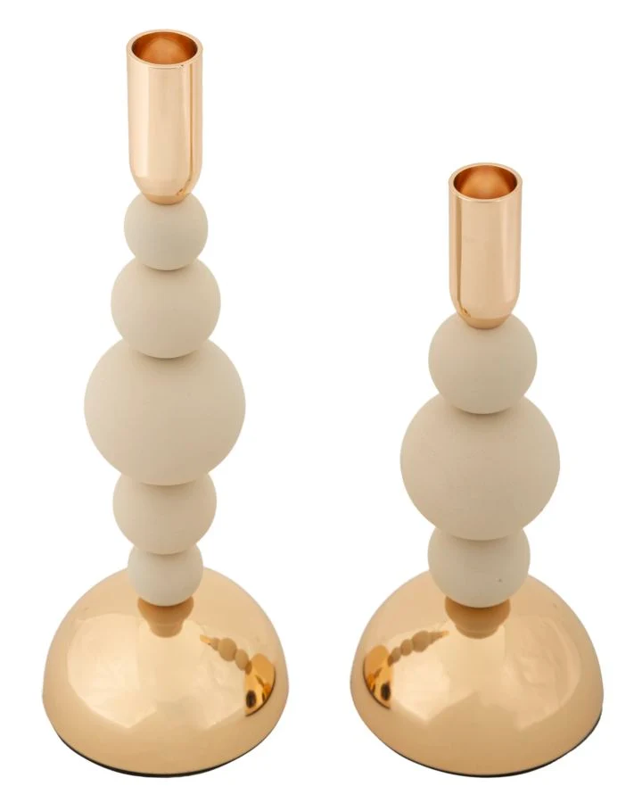 Porta Candele Bolly Crema Set 2 Pz Ø10x29,5 cm - Ø10x24 cm in Ferro Crema e Oro