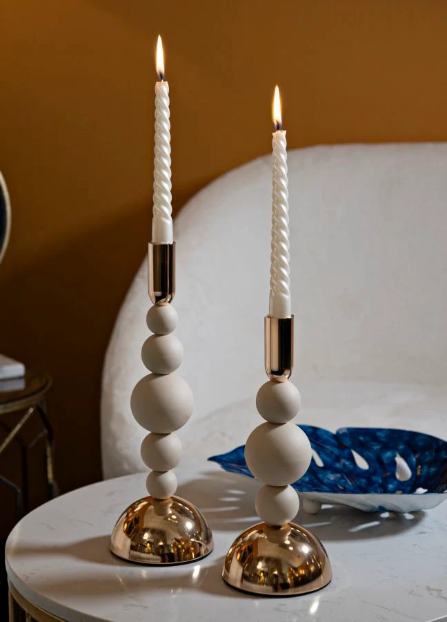 Porta Candele Bolly Crema Set 2 Pz Ø10x29,5 cm - Ø10x24 cm in Ferro Crema e Oro