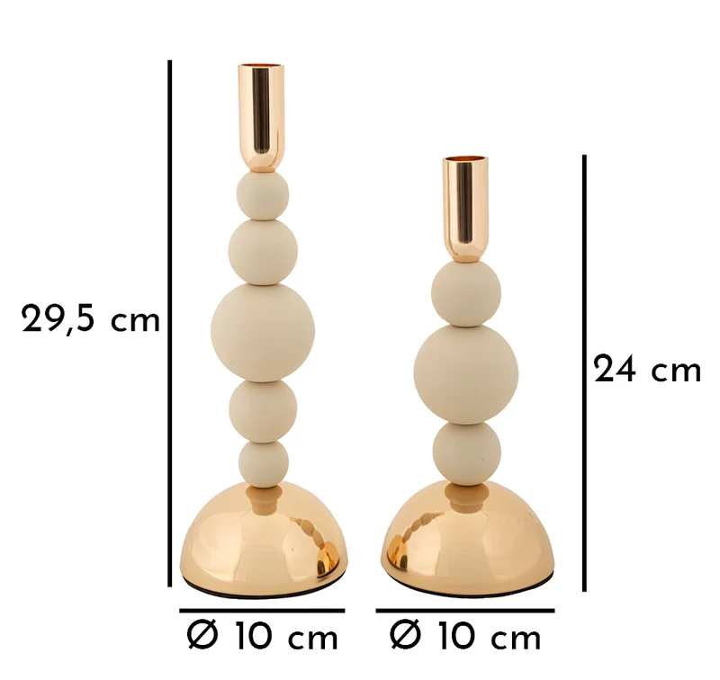Porta Candele Bolly Crema Set 2 Pz Ø10x29,5 cm - Ø10x24 cm in Ferro Crema e Oro
