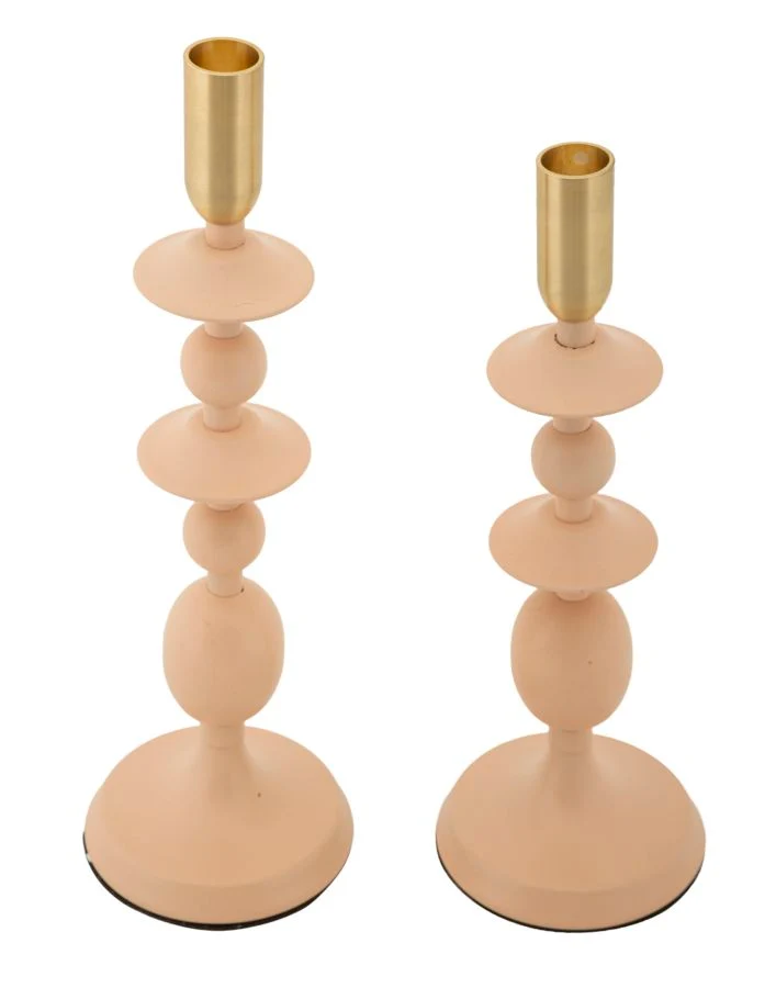 Porta Candele Gemini Rosa Set 2 Pz Ø10x33 cm - Ø10x29 cm in Ferro Rosa e Oro