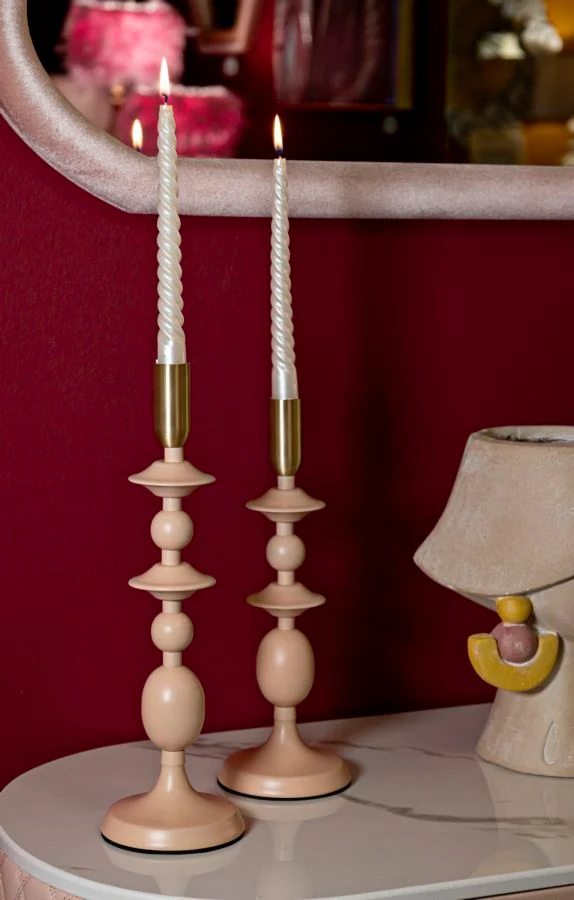 Porta Candele Gemini Rosa Set 2 Pz Ø10x33 cm - Ø10x29 cm in Ferro Rosa e Oro