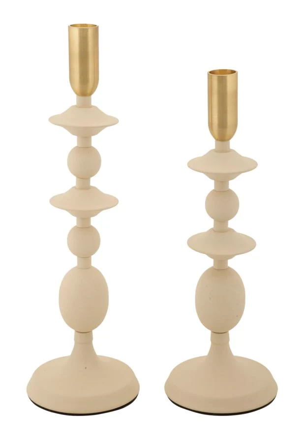 Porta Candele Gemini Crema Set 2 Pz Ø10x33 cm - Ø10x29 cm in Ferro Crema e Oro