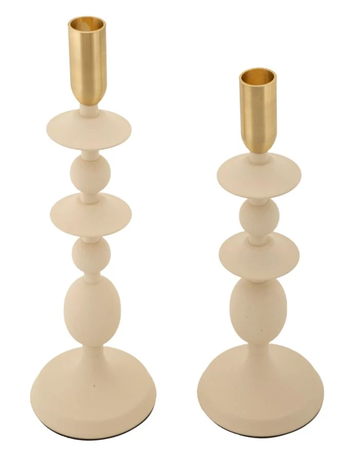 Porta Candele Gemini Crema Set 2 Pz Ø10x33 cm - Ø10x29 cm in Ferro Crema e Oro