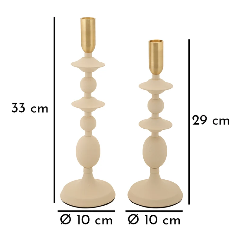 Porta Candele Gemini Crema Set 2 Pz Ø10x33 cm - Ø10x29 cm in Ferro Crema e Oro