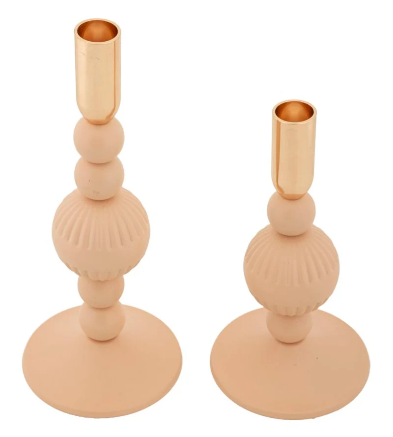 Porta Candele Aster Rosa Set 2 Pz Ø10x25,5 cm - Ø10x20 cm in Ferro Rosa e Oro