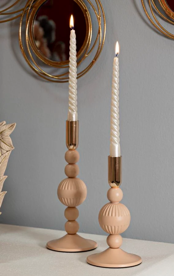 Porta Candele Aster Rosa Set 2 Pz Ø10x25,5 cm - Ø10x20 cm in Ferro Rosa e Oro