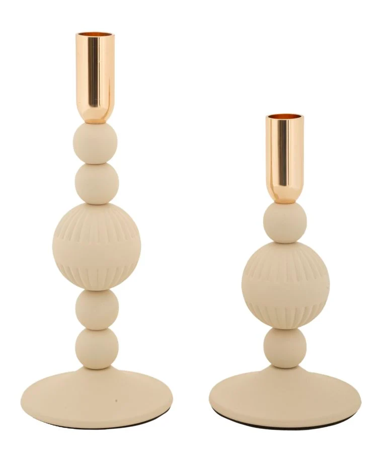 Porta Candele Aster Crema Set 2 Pz Ø10x25,5 cm - Ø10x20 cm in Ferro Crema e Oro
