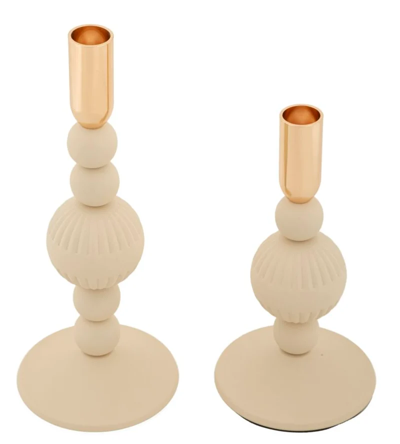 Porta Candele Aster Crema Set 2 Pz Ø10x25,5 cm - Ø10x20 cm in Ferro Crema e Oro