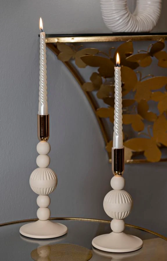 Porta Candele Aster Crema Set 2 Pz Ø10x25,5 cm - Ø10x20 cm in Ferro Crema e Oro