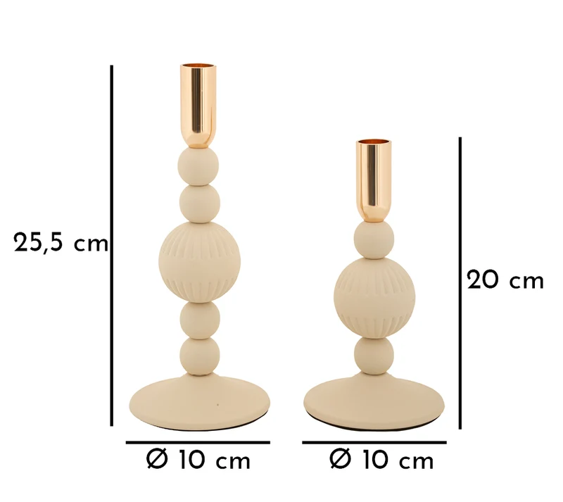 Porta Candele Aster Crema Set 2 Pz Ø10x25,5 cm - Ø10x20 cm in Ferro Crema e Oro