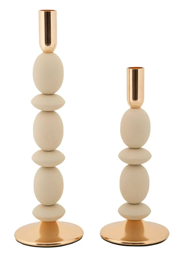 Porta Candele Shuttle Crema Set 2 Pz Ø10x33,5 cm - Ø10x25 cm in Ferro Crema e Oro