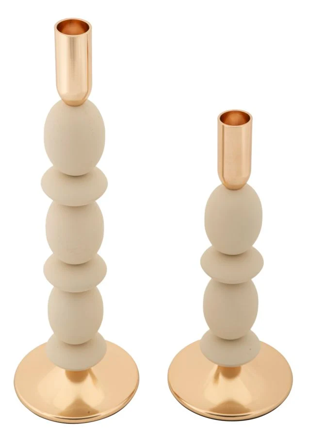 Porta Candele Shuttle Crema Set 2 Pz Ø10x33,5 cm - Ø10x25 cm in Ferro Crema e Oro