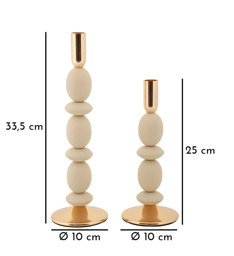 Porta Candele Shuttle Crema Set 2 Pz Ø10x33,5 cm - Ø10x25 cm in Ferro Crema e Oro