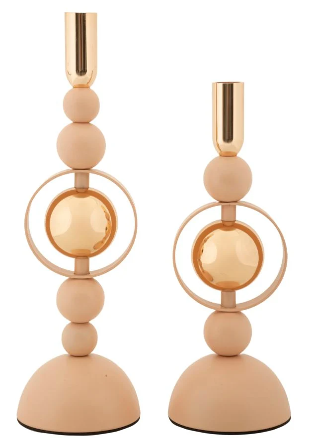 Porta Candele Saturno Rosa Set 2 Pz Ø10x33 cm - Ø10x27 cm in Ferro Rosa e Oro
