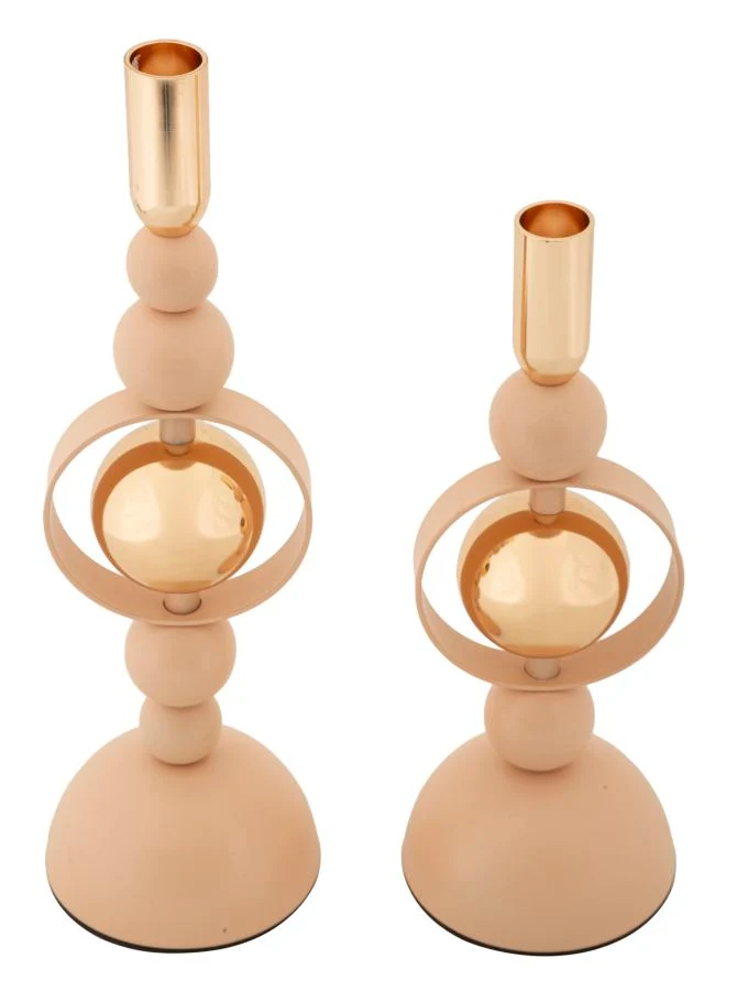 Porta Candele Saturno Rosa Set 2 Pz Ø10x33 cm - Ø10x27 cm in Ferro Rosa e Oro