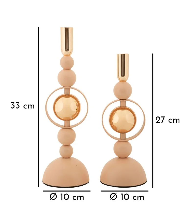 Porta Candele Saturno Rosa Set 2 Pz Ø10x33 cm - Ø10x27 cm in Ferro Rosa e Oro