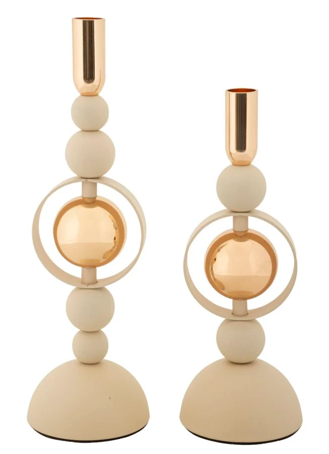 Porta Candele Saturno Crema Set 2 Pz Ø10x33 cm - Ø10x27 cm in Ferro Crema e Oro