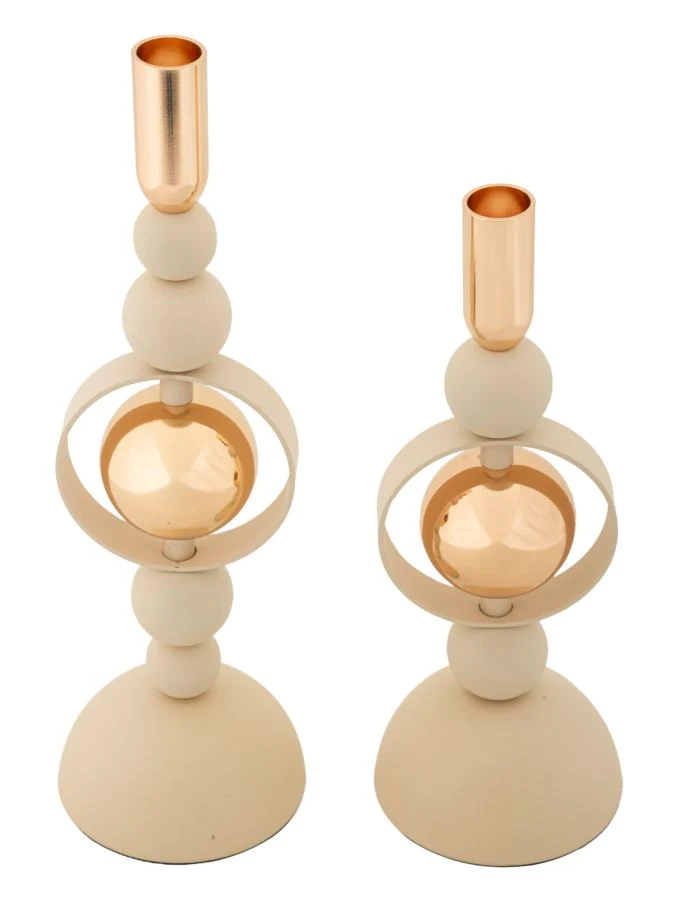 Porta Candele Saturno Crema Set 2 Pz Ø10x33 cm - Ø10x27 cm in Ferro Crema e Oro