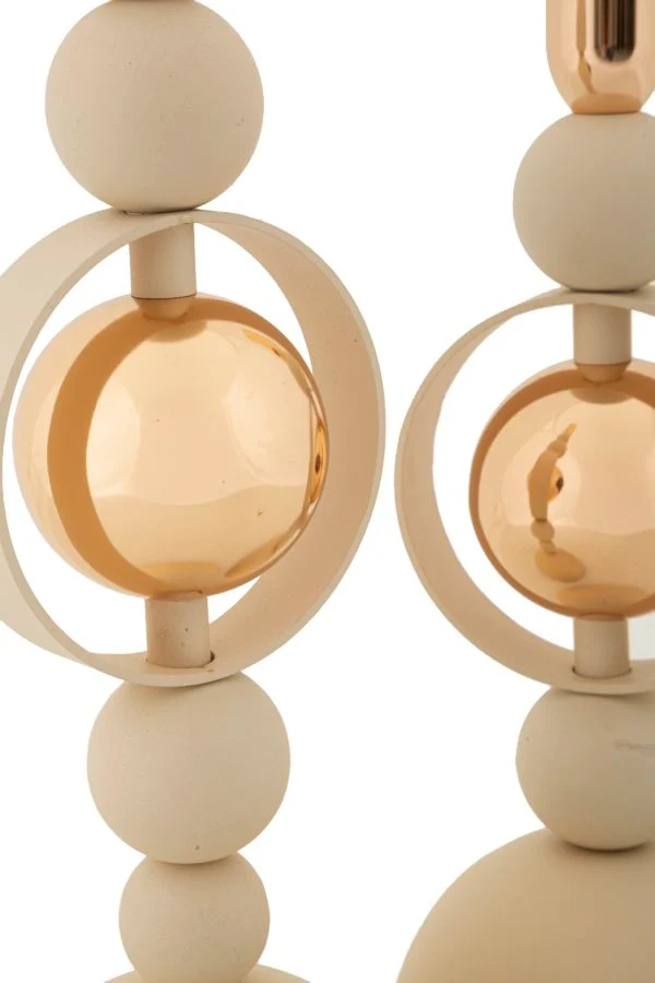 Porta Candele Saturno Crema Set 2 Pz Ø10x33 cm - Ø10x27 cm in Ferro Crema e Oro