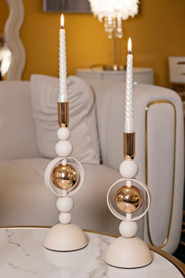 Porta Candele Saturno Crema Set 2 Pz Ø10x33 cm - Ø10x27 cm in Ferro Crema e Oro