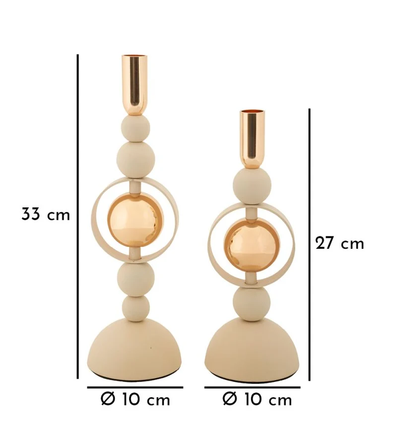 Porta Candele Saturno Crema Set 2 Pz Ø10x33 cm - Ø10x27 cm in Ferro Crema e Oro