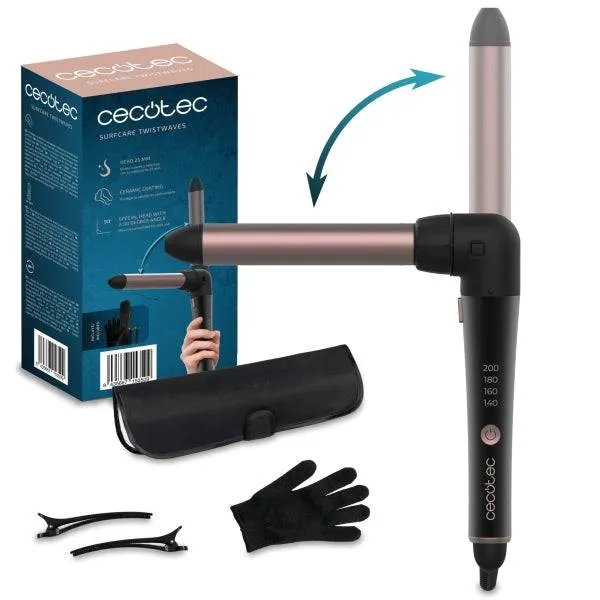 Cecotec SurfCare 3200 TwistWaves Arricciacapelli da 32mm - Collo a 90 Gradi - Temperatura Regolabile fino a 200°C - Testine Incluse - Rivestimento Ceramico - Colore Nero