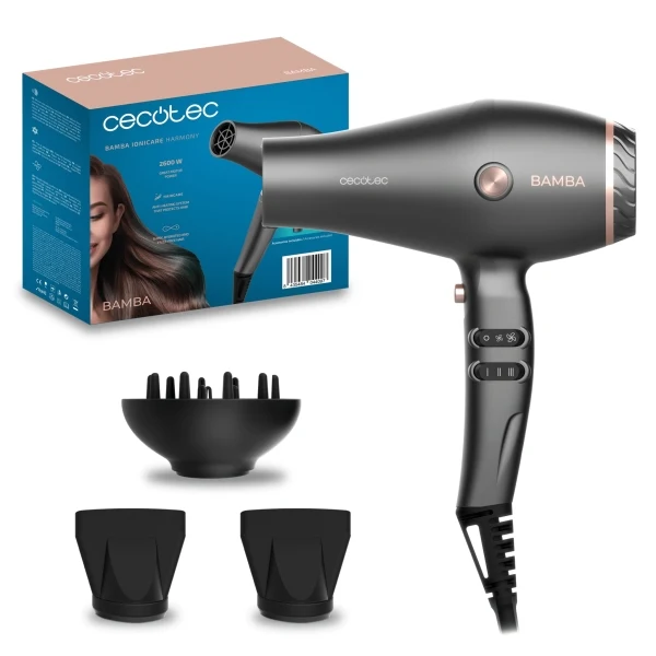 Cecotec IoniCare Harmony Asciugacapelli - Potenza 2600W - Tecnologia agli Ioni - Temperatura Regolabile - 2 Concentratori - Diffusore - Cavo da 1.8m - Velocità Regolabile - Colore Grigio Scuro