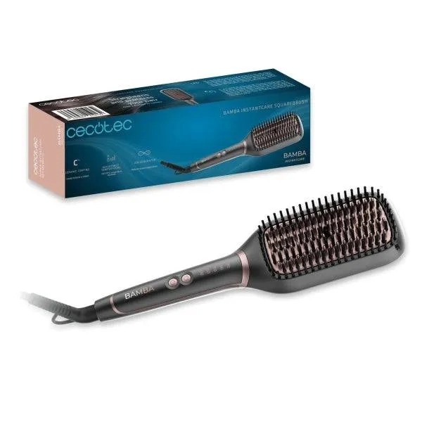 Cecotec Bamba InstantCare SquareBrush Spazzola Lisciante - Rivestimento Ceramico - Temperatura Regolabile - Tecnologia agli Ioni - Spegnimento Automatico dopo 45min - Cavo Girevole 360º - Indicatore LED - Colore Grigio