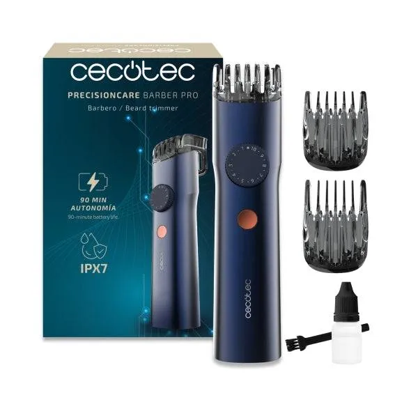 Cecotec PrecisionCare Barber Pro Rifilatore Barba Wireless - Autonomia 90min - Lame in Acciaio Inox - Pettini Regolabili - Rotella di Regolazione - IPX7 - Display LED - Colore Blu Marino