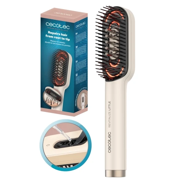 Cecotec HairCare Revitalize Little Spazzola Riparatrice Capelli - Districante - Luce LED - Applicatore di Siero Integrato - Massaggio Vibrante - Colore Bianco