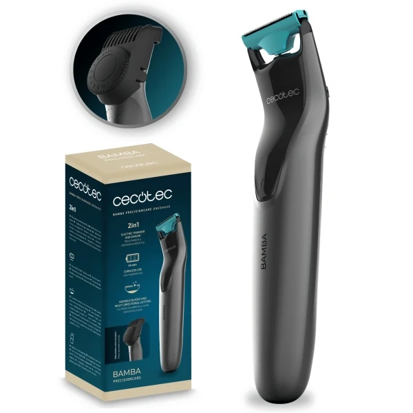 Cecotec Bamba PrecisionCare OneShave Rasoio Rifilatore 2 in 1 - Uso Wireless - Lame in Acciaio Inox - Pettine Regolabile da 0.5 a 10mm - Ergonomico - Protezione Lame - Colore Grigio