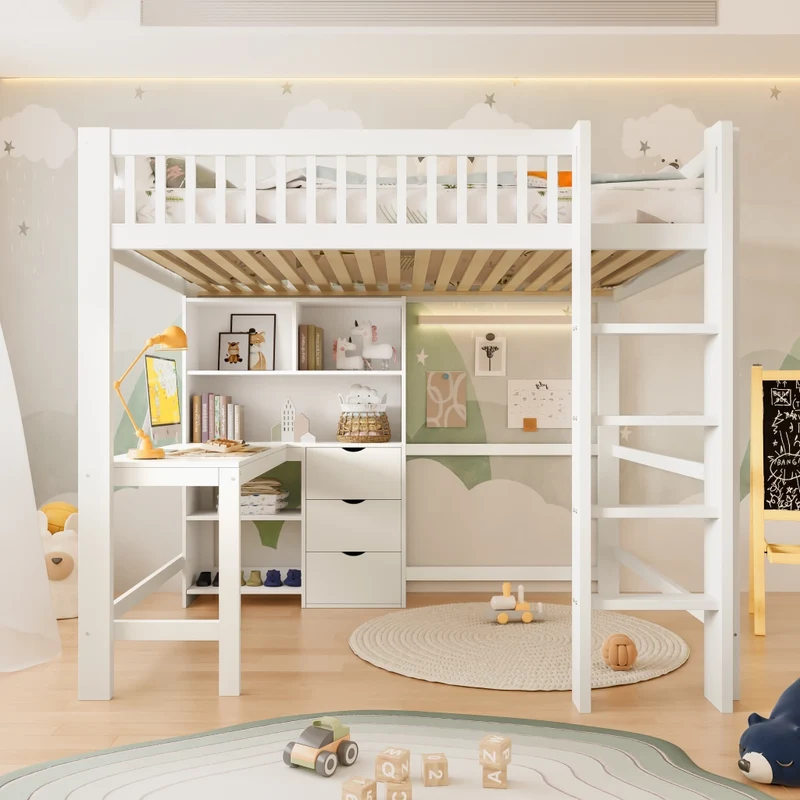 Letto a soppalco 140x200 con scrivania; scala e cassetti; pino e MDF bianco