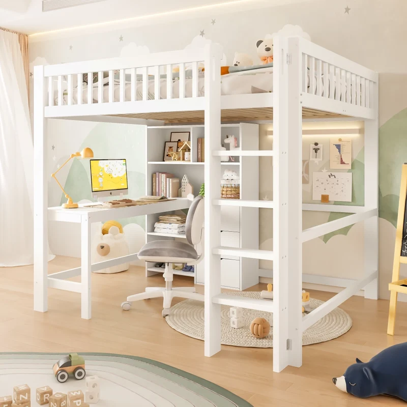 Letto a soppalco 140x200 con scrivania; scala e cassetti; pino e MDF bianco