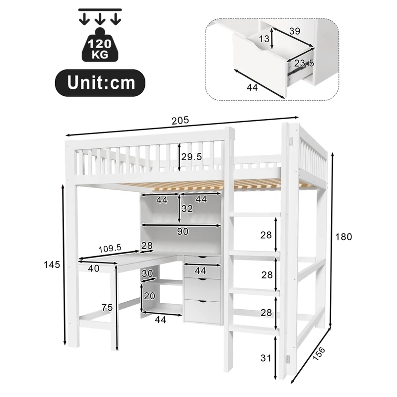 Letto a soppalco 140x200 con scrivania; scala e cassetti; pino e MDF bianco