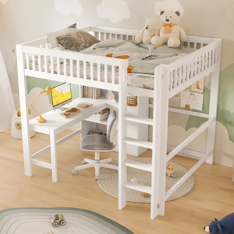 Letto a soppalco 140x200 con scrivania; scala e cassetti; pino e MDF bianco